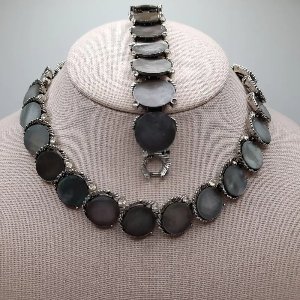 Vintage Lisner Mother of Pearl Necklace Bracelet Set, 1960s Rhinestone Jewelry